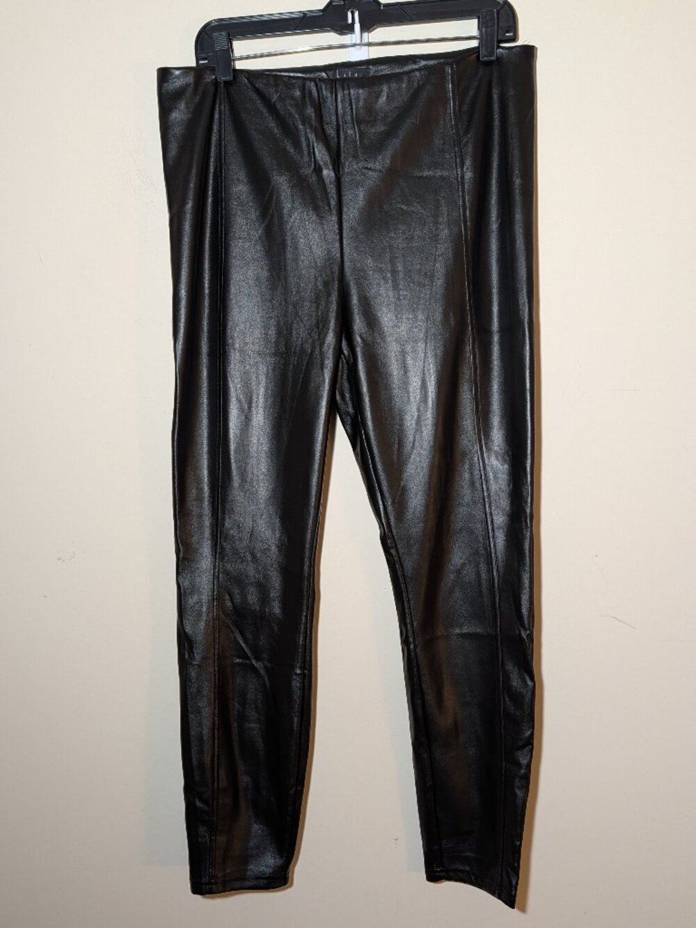 Nicole Miller Faux Vegan Leather Pull On Straight High Rise Pants Sz L Black
